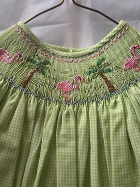Girls' Green Smocked Dress with Pink Flamingo Embroidery